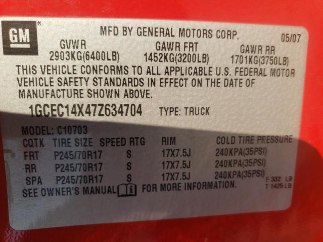 1GCEC14X47Z634704 - 2007 CHEVROLET SILVRK1500 RED photo 10