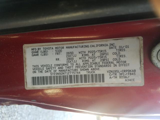 5TESN92N71Z775744 - 2001 TOYOTA TACOMA XTR RED photo 10