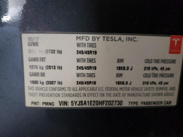 5YJSA1E20HF202730 - 2017 TESLA MODEL S Gris foto 10