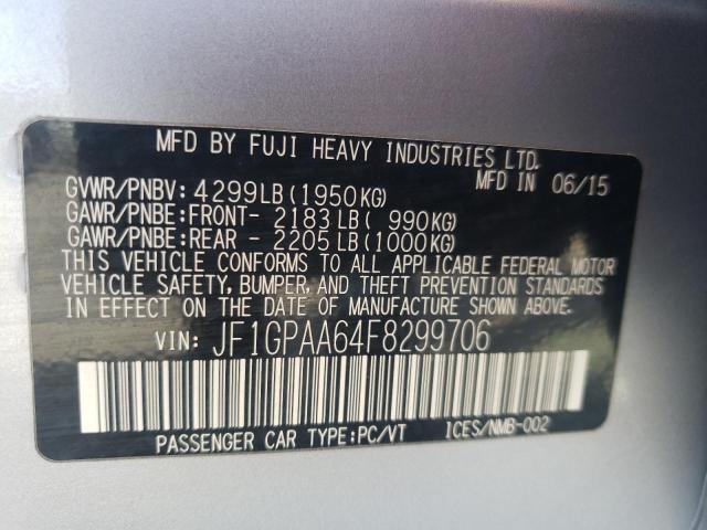 JF1GPAA64F8299706 - 2015 SUBARU IMPREZA SILVER photo 10