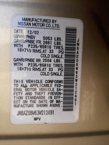 JN8AZ08W63W212491 - 2003 NISSAN MURANO SL GOLD photo 10