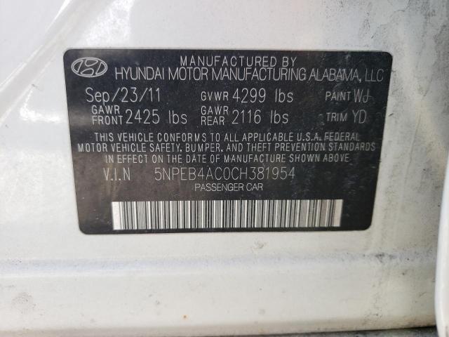 5NPEB4AC0CH381954 - 2012 HYUNDAI SONATA GLS WHITE photo 10