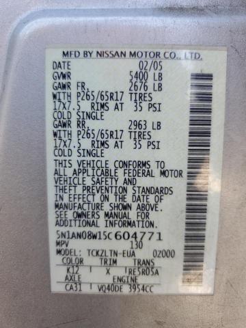 5N1AN08W15C604771 - 2005 NISSAN XTERRA SILVER photo 13