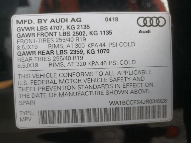 WA1BCCFS4JR034928 - 2018 AUDI Q3 PREMIUM BLACK photo 10