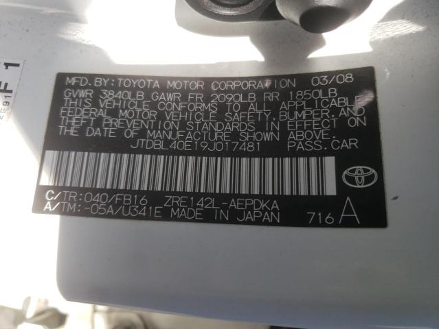 JTDBL40E19J017481 - 2009 TOYOTA COROLLA BA WHITE photo 12