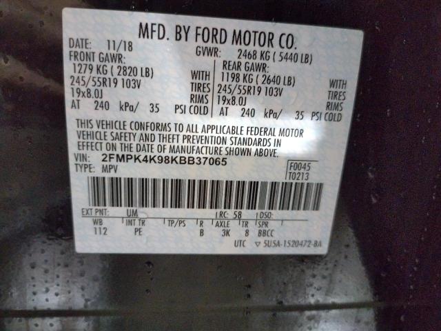 2FMPK4K98KBB37065 - 2019 FORD EDGE TITANIUM  photo 10