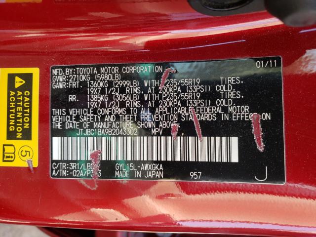 JTJBC1BA9B2043302 - 2011 LEXUS RX 450 RED photo 10