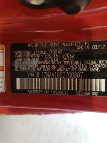 JF1ZNAA18D2700807 - 2013 TOYOTA SCION FR-S RED photo 10