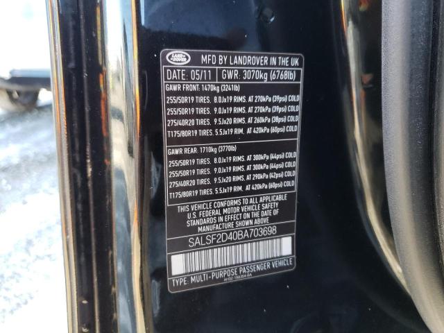 SALSF2D40BA703698 - 2011 LAND ROVER RANGE ROVE BLACK photo 12
