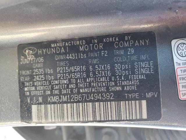 KM8JM12B67U494392 - 2007 HYUNDAI TUCSON GRAY photo 12