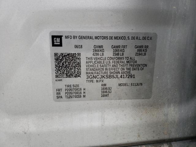 3GNCJKSB5JL417291 - 2018 CHEVROLET TRAX LS SILVER photo 10