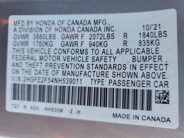 2HGFE2F54NH539011 - 2022 HONDA CIVIC SPOR Argent photo 10