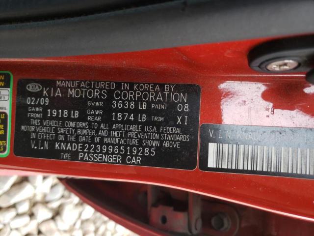 KNADE223996519285 - 2009 KIA RIO BASE RED photo 10