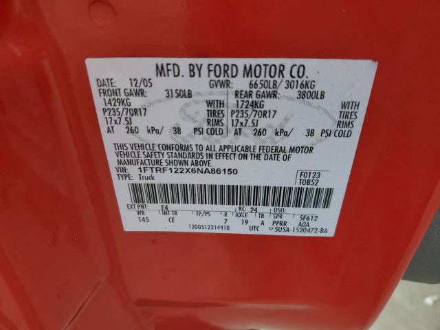 1FTRF122X6NA86150 - 2006 FORD F150 RED photo 12