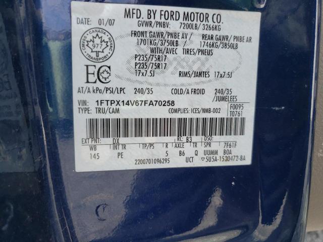 1FTPX14V67FA70258 - 2007 FORD F150 BLUE photo 10