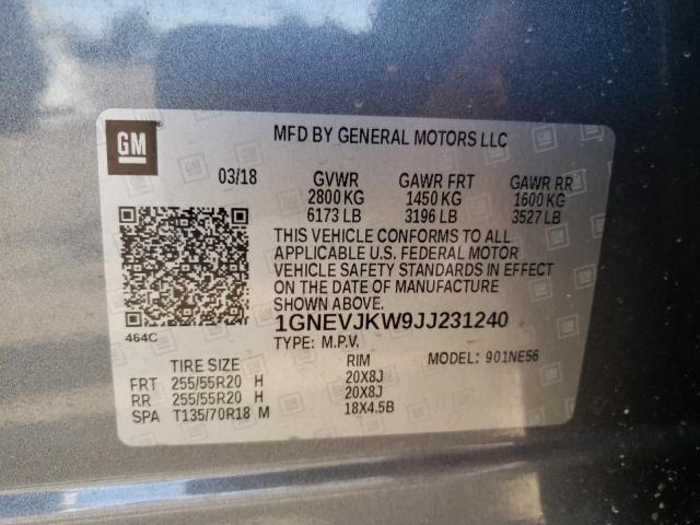 1GNEVJKW9JJ231240 - 2018 CHEVROLET TRAVERSE P GRAY photo 10