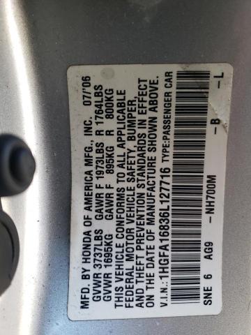 1HGFA16836L127716 - 2006 HONDA CIVIC SILVER photo 12