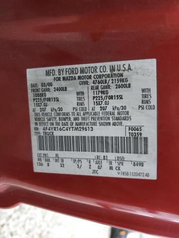 4F4YR16C4YTM29613 - 2000 MAZDA B2500 CAB RED photo 12