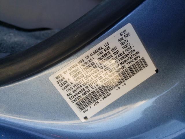 5FNRL38627B097822 - 2007 HONDA ODYSSEY EX BLUE photo 10