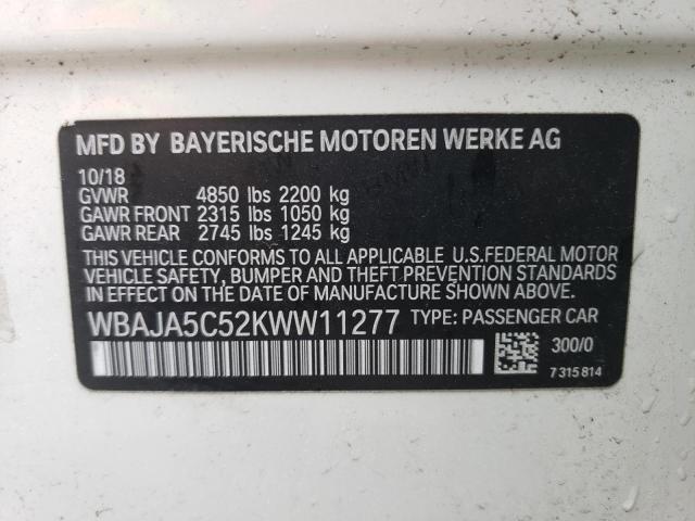 WBAJA5C52KWW11277 - 2019 BMW 530 I WHITE photo 12