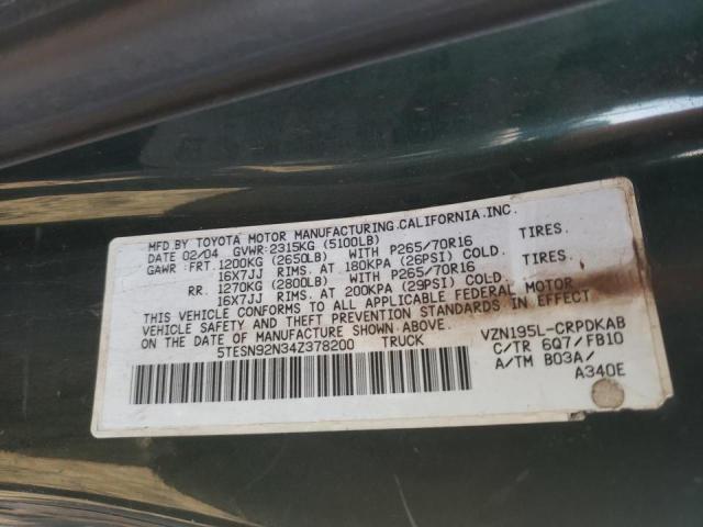 5TESN92N34Z378200 - 2004 TOYOTA TACOMA XTR მწვანე ფოტო 12