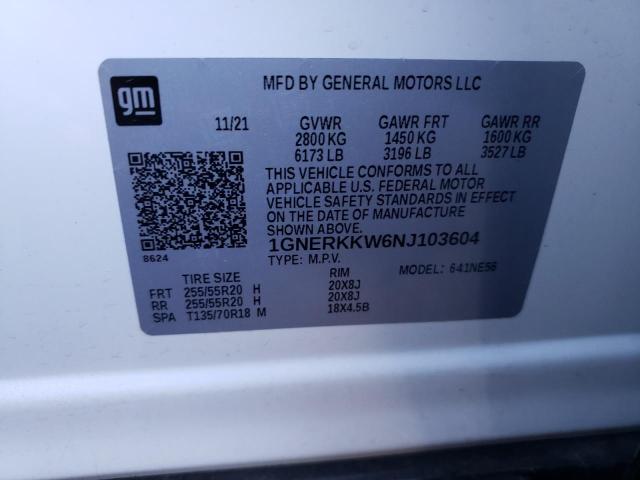 1GNERKKW6NJ103604 - 2022 CHEVROLET TRAVERSE P WHITE photo 12