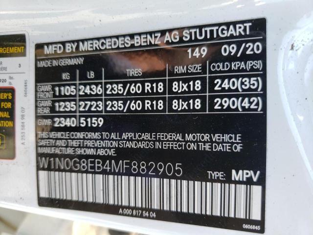 W1N0G8EB4MF882905 - 2021 MERCEDES-BENZ GLC 300 4M WHITE photo 10