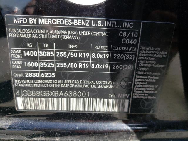 4JGBB8GBXBA638001 - 2011 MERCEDES-BENZ ML 350 4MA BLACK photo 10