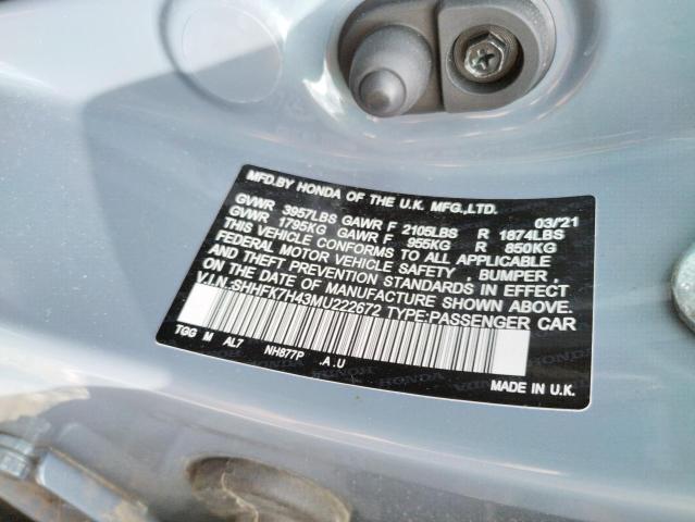 SHHFK7H43MU222672 - 2021 HONDA CIVIC SPOR SILVER photo 10