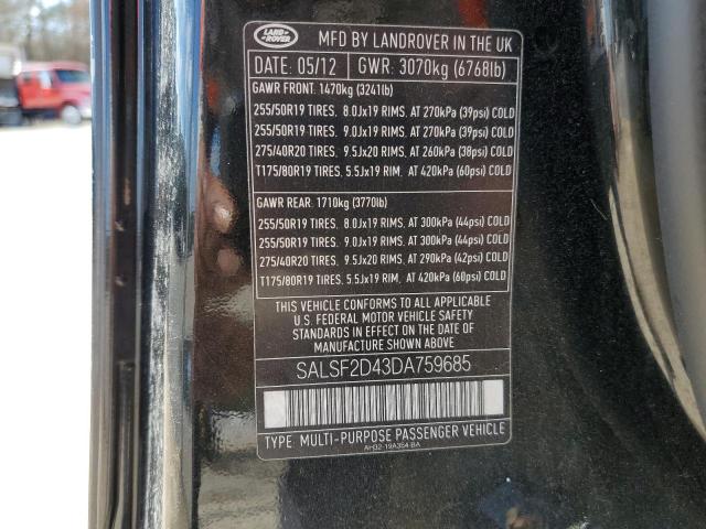 SALSF2D43DA759685 - 2013 LAND ROVER RANGE ROVE BLACK photo 14