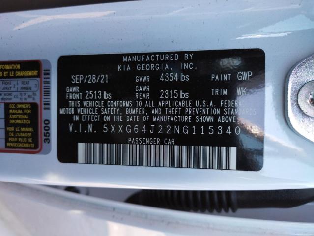 5XXG64J22NG115340 - 2022 KIA K5 GT LINE WHITE photo 10