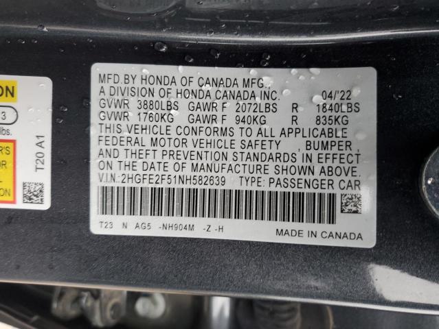 2HGFE2F51NH582639 - 2022 HONDA CIVIC SPOR CHARCOAL photo 12