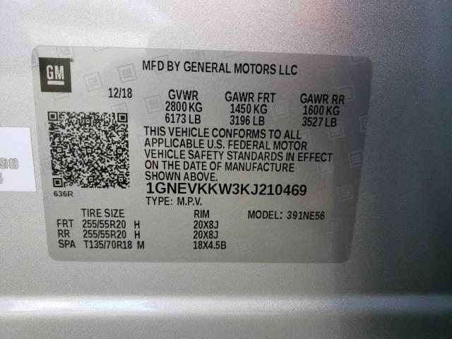 1GNEVKKW3KJ210469 - 2019 CHEVROLET TRAVERSE P SILVER photo 10