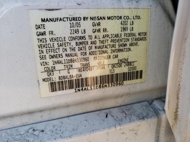 1N4AL11D86N330960 - 2006 NISSAN ALTIMA WHITE photo 12