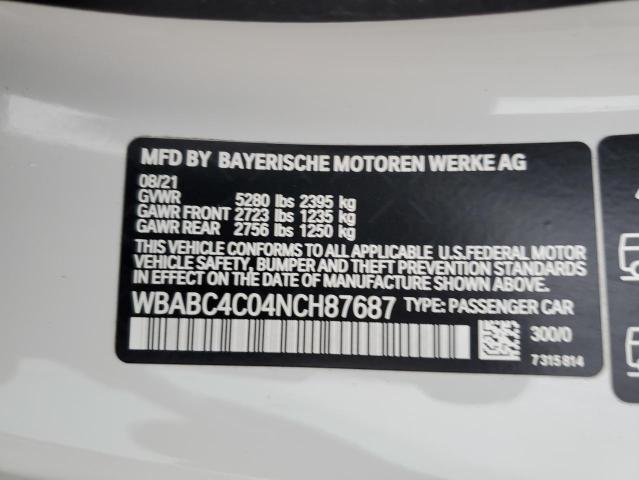 WBABC4C04NCH87687 - 2022 BMW M850XI WHITE photo 12