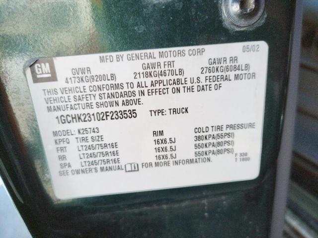 1GCHK23102F233535 - 2002 CHEVROLET 2500 HD GREEN photo 10