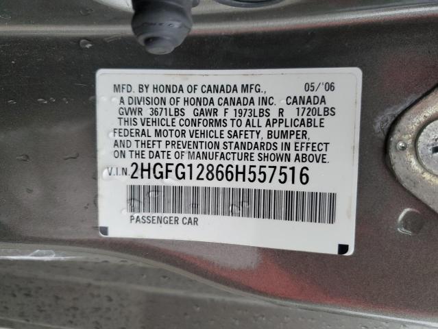 2HGFG12866H557516 - 2006 HONDA CIVIC EX ნაცრისფერი ფოტო 12