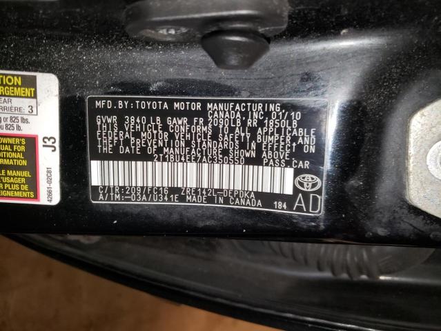 2T1BU4EE7AC350550 - 2010 TOYOTA COROLLA BA BLACK photo 12