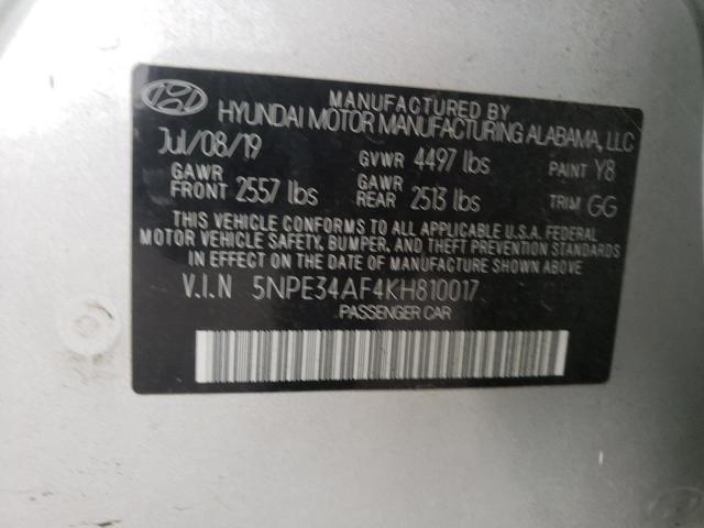 5NPE34AF4KH810017 - 2019 HYUNDAI SONATA LIM SILVER photo 10