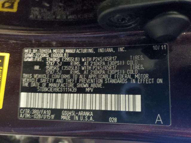 5TDBK3EH9CS111439 - 2012 TOYOTA HIGHLANDER Бордовый фото 13