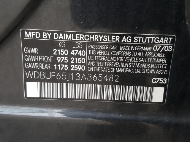 WDBUF65J13A365482 - 2003 MERCEDES-BENZ E 320 BLACK photo 10