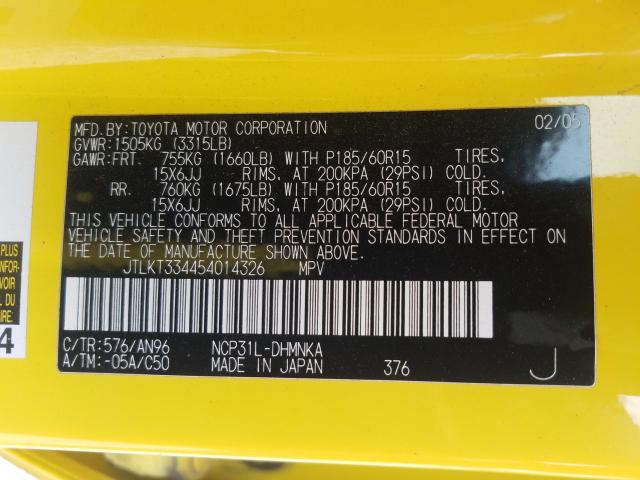 JTLKT334454014326 - 2005 TOYOTA SCION XB 黄色 照片 10