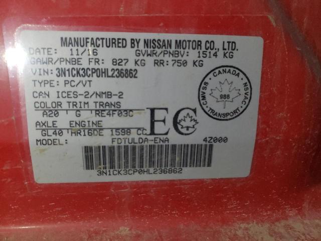 3N1CK3CP0HL236862 - 2017 NISSAN MICRA RED photo 12