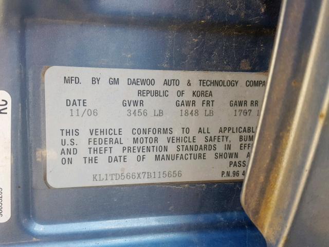 KL1TD566X7B115656 - 2007 CHEVROLET AVEO BASE BLUE photo 10