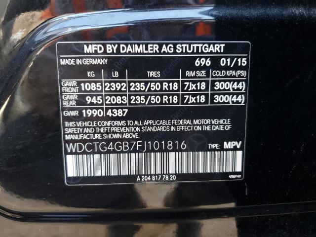 WDCTG4GB7FJ101816 - 2015 MERCEDES-BENZ GLA 250 4M BLACK photo 12