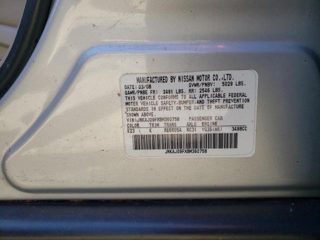 JNKAJ09FX8M360758 - 2008 INFINITI EX35 BASE SILVER photo 10