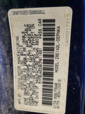 5YFBU4EE0CP011891 - 2012 TOYOTA COROLLA BA BLUE photo 13