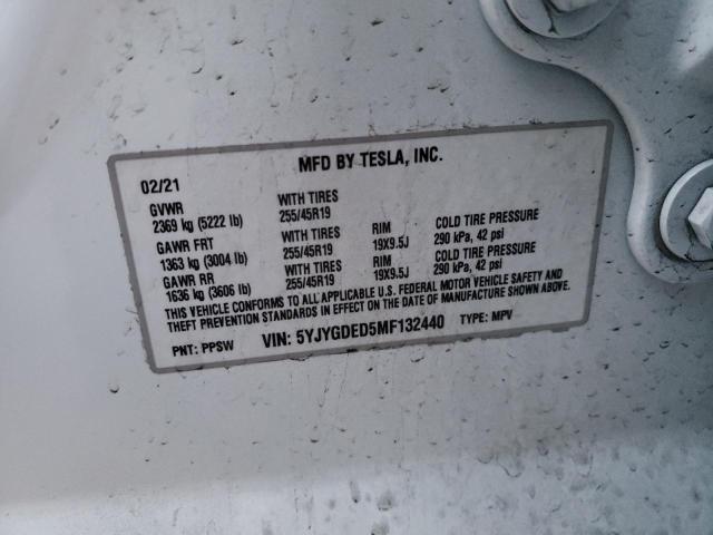 5YJYGDED5MF132440 - 2021 TESLA MODEL Y أبيض صورة 10