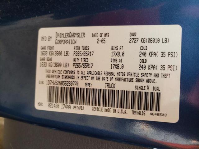 1D7HW52N85S260770 - 2005 DODGE DAKOTA LAR BLUE photo 10