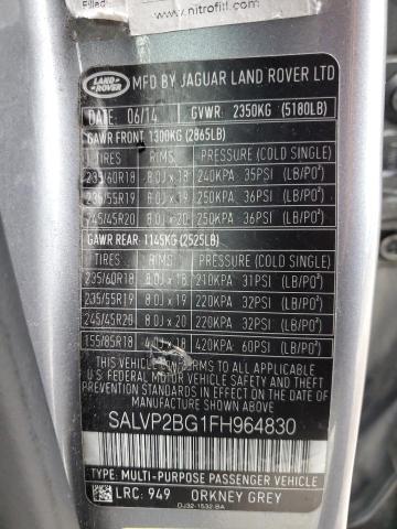 SALVP2BG1FH964830 - 2015 LAND ROVER RANGE ROVE GRAY photo 12